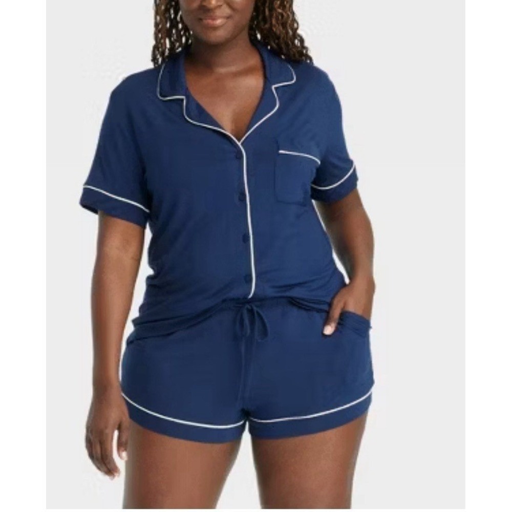 XS Auden Blue cloud knit modal soft short sleeve notch collar Shorts Pj Set